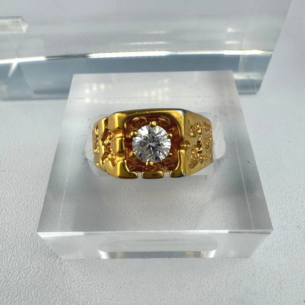 Chunky Vintage Gold Tone Men's Statement Ring with Clear Glass Stone Size 11.75